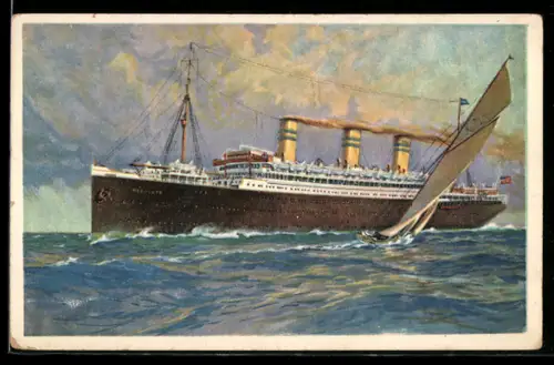 AK Passagierschiff Resolute der Hamburg-Amerika Linie passiert eines Segelyacht