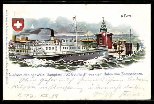 Künstler-AK Bodensee-Dampfer St. Gotthard verlässt den Hafen von Romanshorn