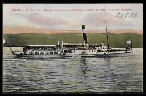 AK Bayrischer Dampfer Lindau den Hafen von Lindau verlassend, Bodensee