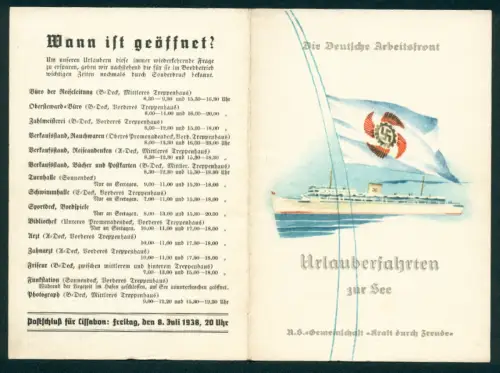 Menükarte 1938, KDF-Urlauberschiff Robert Ley, Menü für den 8.7.1938, Grafik Schiff Robert Ley und 