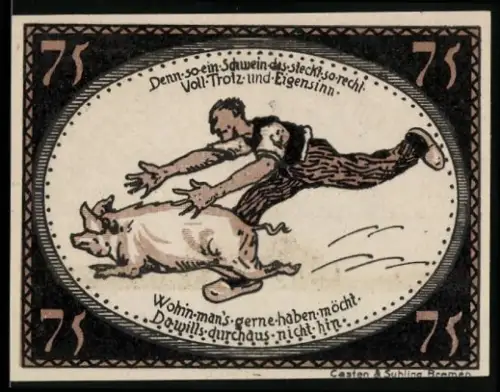 Notgeld Diepholz 1921, 75 Pfennig, Szene mit Schwein und Turmmotiv