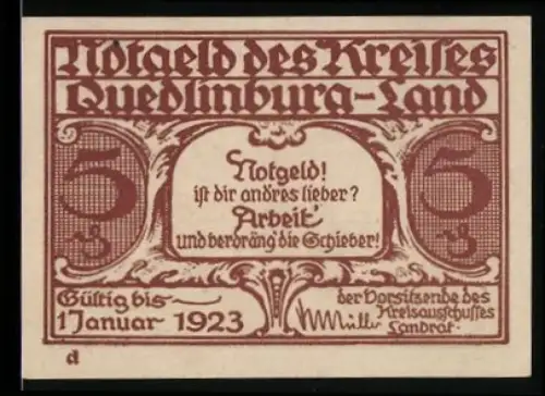 Notgeld Quedlinburg 1923, 5, Schlittenfahrt-Motiv und Spruch