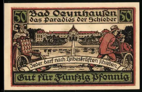 Notgeld Bad Oeynhausen i. W., 50 Pfennig, Kurgäste mit Rollstühlen vor Kurgebäuden