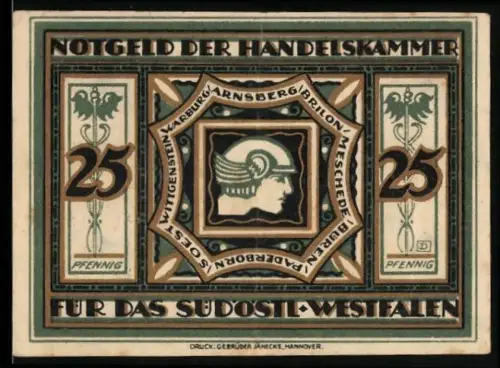 Notgeld Arnsberg 1920, 25 Pfennig, Hermes und Stadtwappen