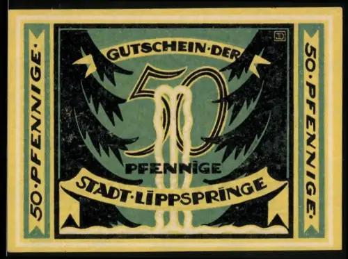 Notgeld Bad-Lippspringe 1921, 50 Pfennig, stilisierte Figuren am Fluss mit Schale