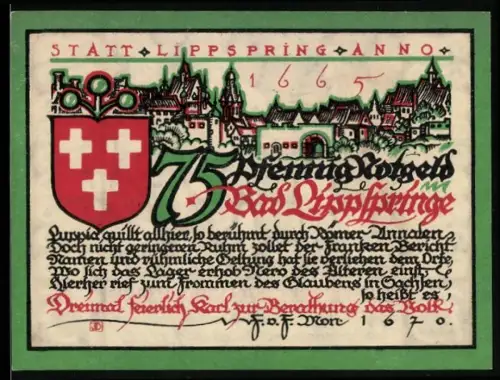 Notgeld Bad Lippspringe 1921, 75 Pfennig, Ortsansicht und Sachsentaufe