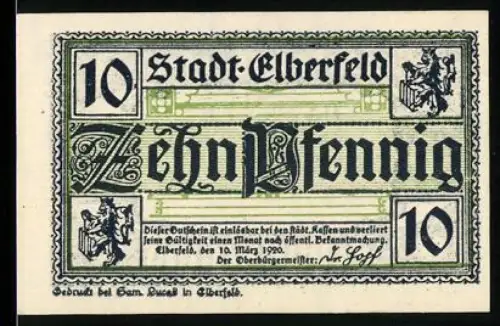 Notgeld Elberfeld 1920, 10 Pfennig, Zwei Wappen und Zierschrift
