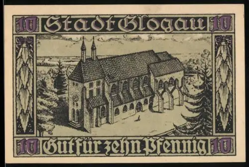 Notgeld Glogau 1920, 10 Pfennig, Ortsansicht und Herzog Konrad mit Schwert