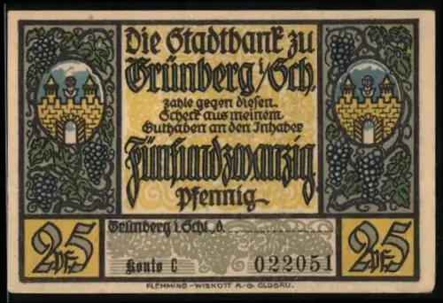 Notgeld Grünberg i. Schl., 25 Pfennig, Stadtwappen und Weintrauben