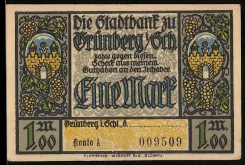 Notgeld Grünberg i. Schl., 1 Mark, Burgmotive und Kirche mit Weinreben