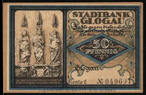 Notgeld Glogau, 50 Pfennig, Heiligenfiguren und Franziskaner Klosterkirche