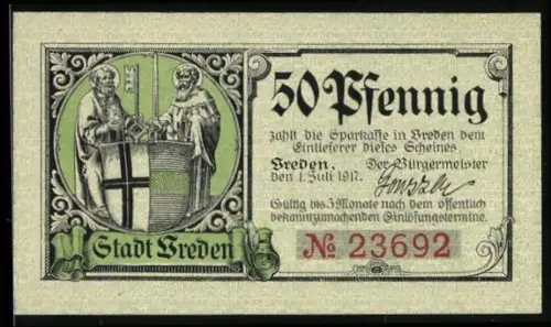 Notgeld Vreden 1917, 50 Pfennig, Wappen mit Heiligen und Kreuz