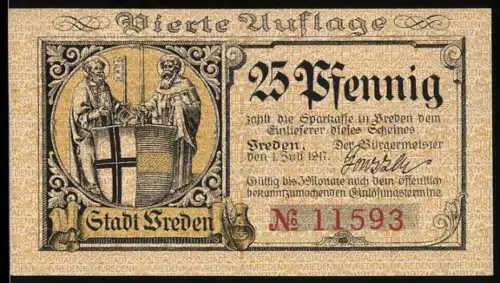 Notgeld Vreden 1918, 25 Pfennig, Wappen mit Heiligen und Verzierung