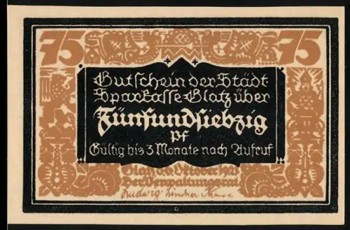 Notgeld Glatz 1921, 75 Pf, 100 Jahre Sparkasse, Handwerker mit Kind und Werkzeugen