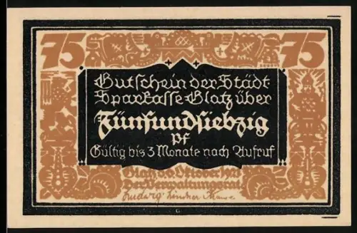 Notgeld Glatz 1921, 75 Pf, 100 Jahre Sparkasse mit stilisierten Figuren und Ornamenten