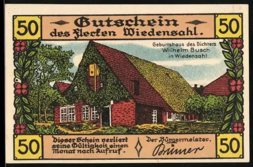 Notgeld Wiedensahl, 50 Pf, Geburtshaus Wilhelm Busch und humoristisches Zitat