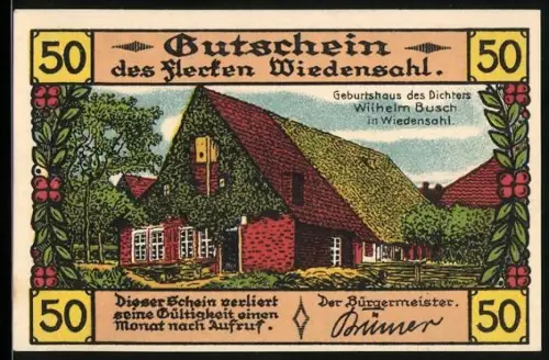 Notgeld Wiedensahl, 50 Pf, Geburtshaus von Wilhelm Busch und Illustration