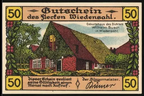 Notgeld Wiedensahl 1921, 50 Pfennig, Geburtshaus Wilhelm Busch und humoristische Szene