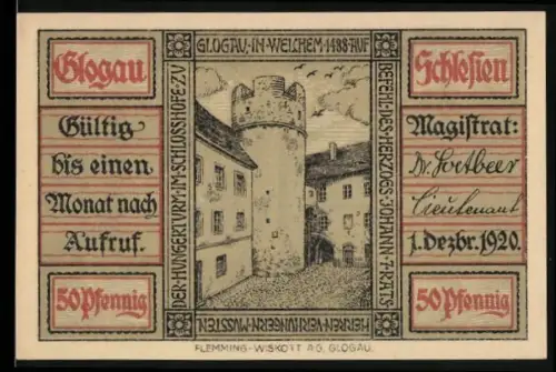 Notgeld Glogau 1920, 50 Pfennig, Schlosshof und offenes Buch mit Text
