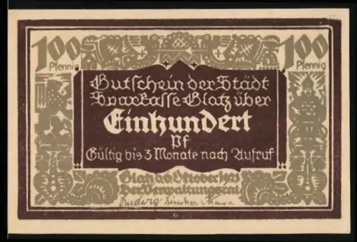 Notgeld Glatz 1921, 100 Pfennig, Jubiläum 100 Jahre Sparkasse, stilisierte Figuren