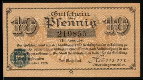 Notgeld Recklinghausen 1920, 10 Pfennig, Rathaus und Wappen