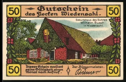 Notgeld Wiedensahl, 50, Geburtshaus von Wilhelm Busch und humorvolle Szene