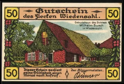 Notgeld Wiedensahl 1921, 50 Pfennig, Geburtshaus Wilhelm Busch und humorvolle Szene