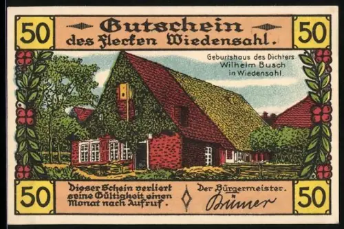 Notgeld Wiedensahl, 50 Pf, Geburtshaus Wilhelm Busch und Bäckerszene aus Max und Moritz