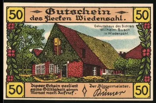 Notgeld Wiedensahl, 50 Pf, Geburtshaus Wilhelm Busch und Max und Moritz