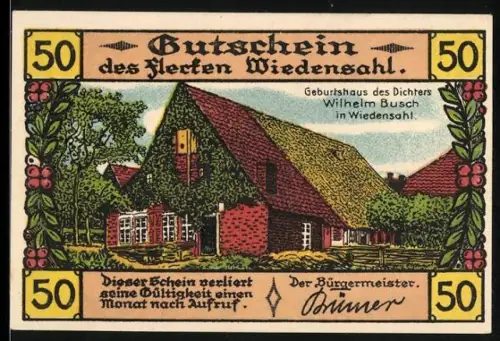 Notgeld Wiedensahl 1921, 50 Pfennig, Geburtshaus Wilhelm Busch und humorvolle Zeichnung