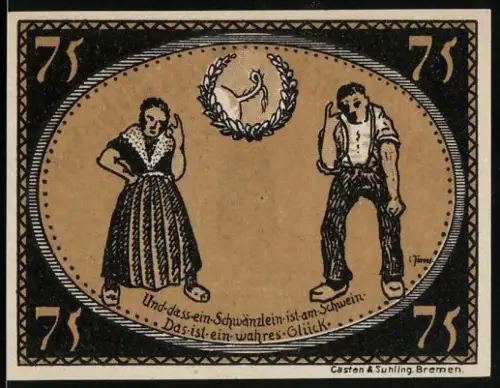 Notgeld Diepholz 1921, 75 Pfennig, Paar und Turm mit Ortsnamen