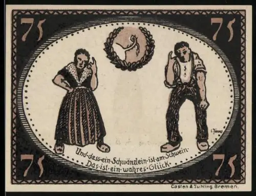 Notgeld Diepholz 1921, 75 Pfennig, Paar und Turm mit umliegenden Ortsnamen
