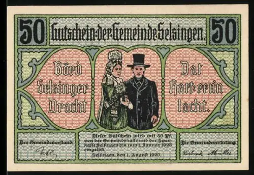 Notgeld Selsingen 1920, 50 Pfennig, Börd-Selsinger Tracht und Erntewagen vor Bauernhof
