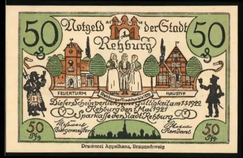Notgeld Rehburg 1921, 50 Pf, Rehburger Trachten und Silhouetten von Figuren