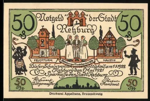 Notgeld Rehburg 1921, 50 Pfennig, Feuerturm und Haustyp, Silhouetten von Senatoren