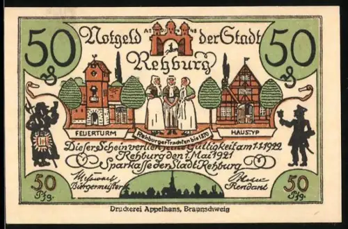 Notgeld Rehburg 1921, 50 Pfennig, historische Gebäude und Bürger in Trachten