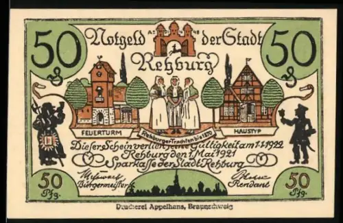 Notgeld Rehburg 1921, 50 Pfennig, Stadtansichten und Scherenschnitt-Szene