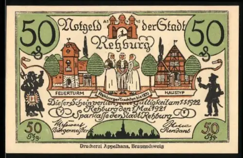 Notgeld Rehburg 1921, 50 Pfennig, Feuerturm, Trachten, Haus, Silhouetten-Szene