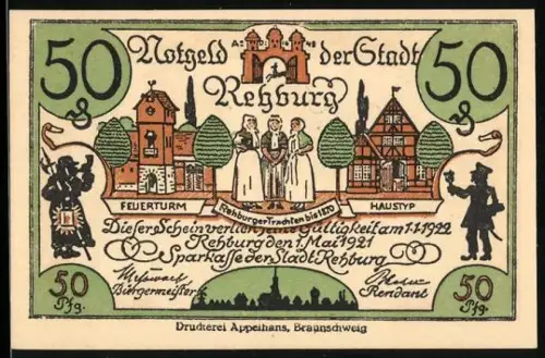 Notgeld Rehburg 1921, 50 Pfennig, Feuerturm, Rehburger Trachten, Haustyp