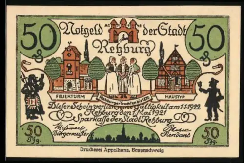 Notgeld Rehburg 1921, 50 Pfennig, Feuerwache, Hausansicht und Bürger in Tracht