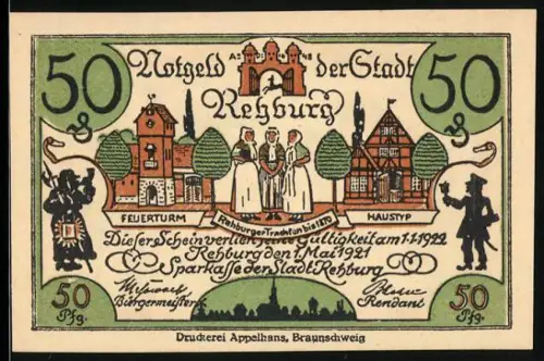Notgeld Rehburg 1921, 50 Pfennig, Feuerturm, historische Figuren und Spruchband