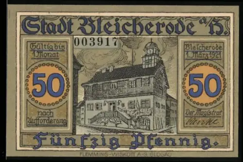 Notgeld Bleicherode a. H 1921, 50 Pfennig, Rathaus und Bergbau, Wappen mit Ritter