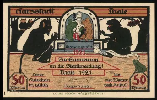 Notgeld Thale /Harz 1921, 50 Pfennig, Teufelsfiguren und Gebäudeansichten mit Kurhaus und Hüttenverwaltung