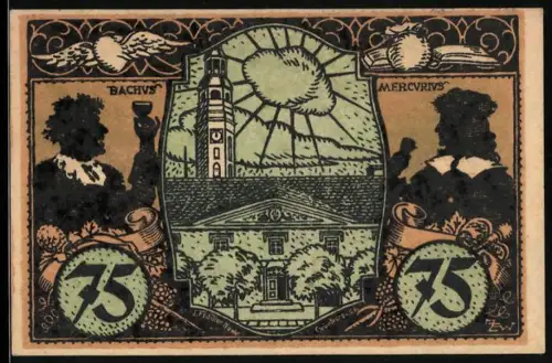 Notgeld Grünberg /Schl. 1921, 75 Pfennig, Turm und Wappen