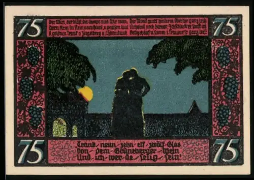 Notgeld Grünberg i. Schl. 1921, 75 Pf, Liebespaar und Stadtwappen mit Weinlese-Motiv