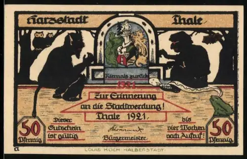 Notgeld Thale /Harz 1921, 50 Pfennig, Teufelsfiguren und Wintersport in Thale