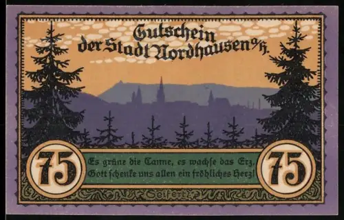Notgeld Nordhausen a. H. 1921, 75 Pfennig, Silhouette der Stadt und Wilder Mann