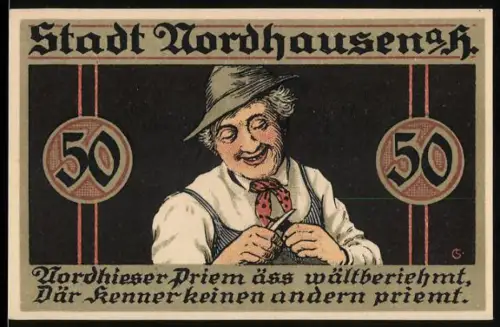 Notgeld Nordhausen a. H. 1921, 50 Pfennig, lächelnder Mann mit Hut, Stadtwappen