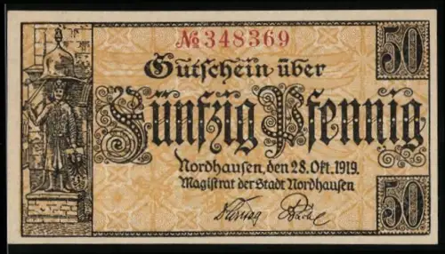 Notgeld Nordhausen 1919, 50 Pfennig, Statue und Wappen