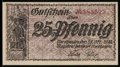 Notgeld Nordhausen 1919, 25 Pfennig, Statue mit Wappen
